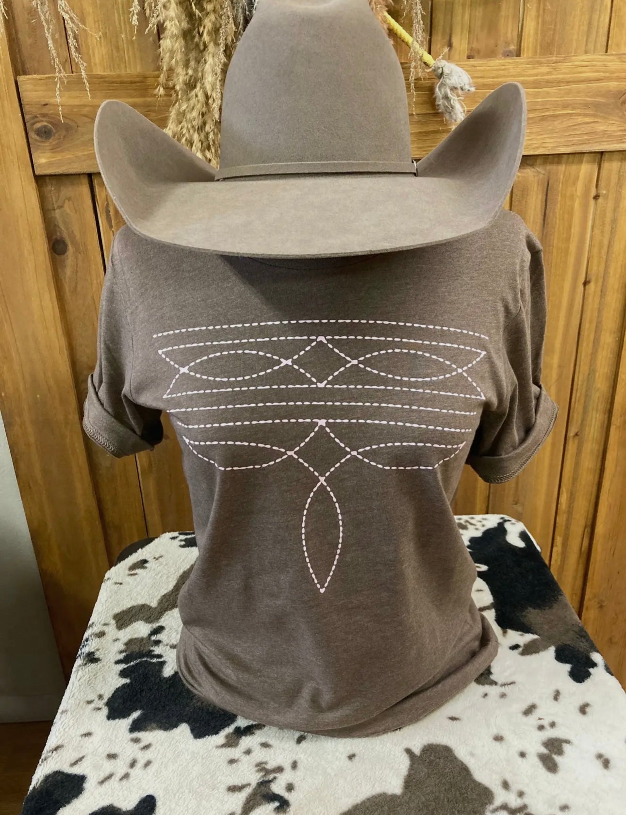 Brown and pink bootstitch tee