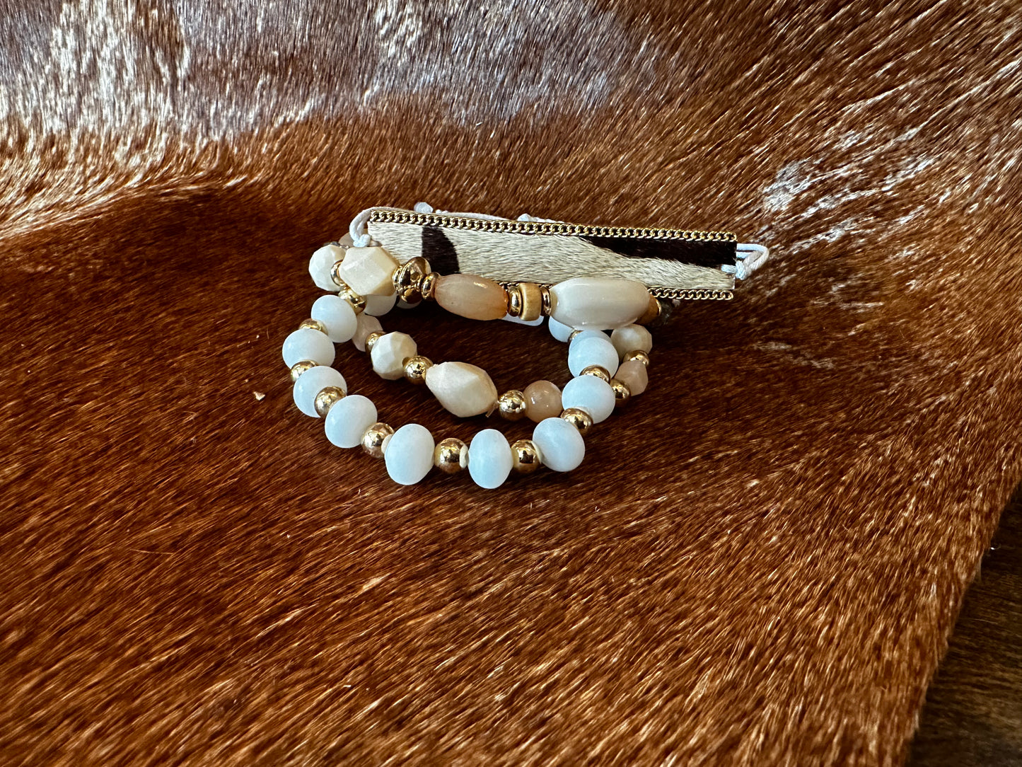 Bead & Cowhide Bracelet Set