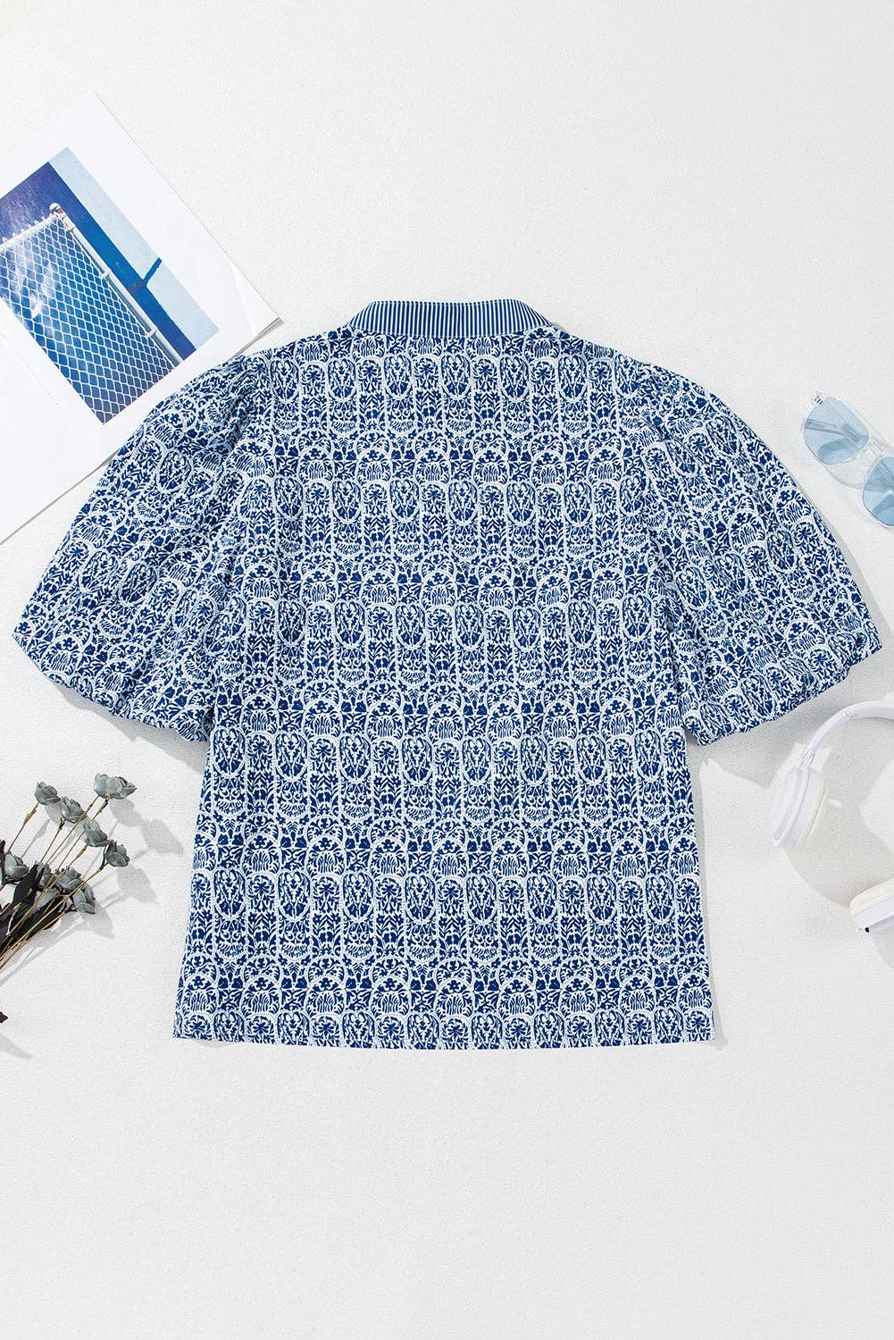PRETTY BASH Floral Stripe Contrast Ric-Rac Puff Sleeve Top