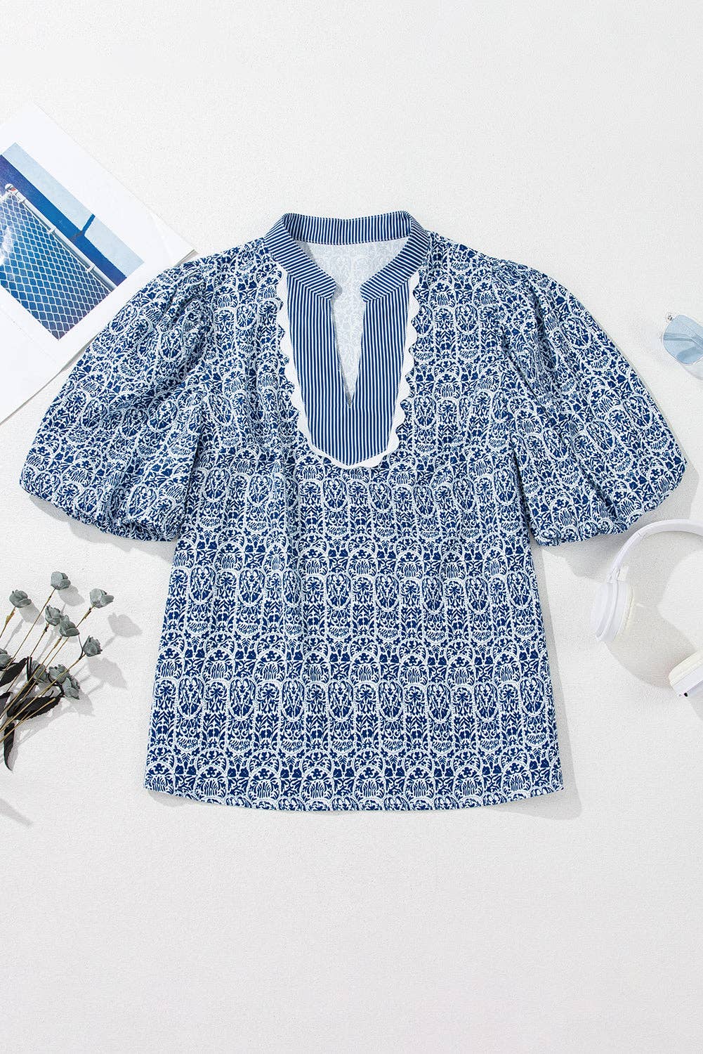 PRETTY BASH Floral Stripe Contrast Ric-Rac Puff Sleeve Top
