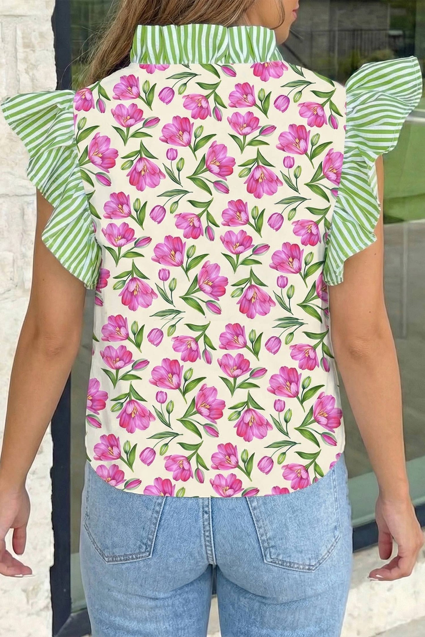 Floral Print Striped Ruffled V Neck Blouse | S-XL