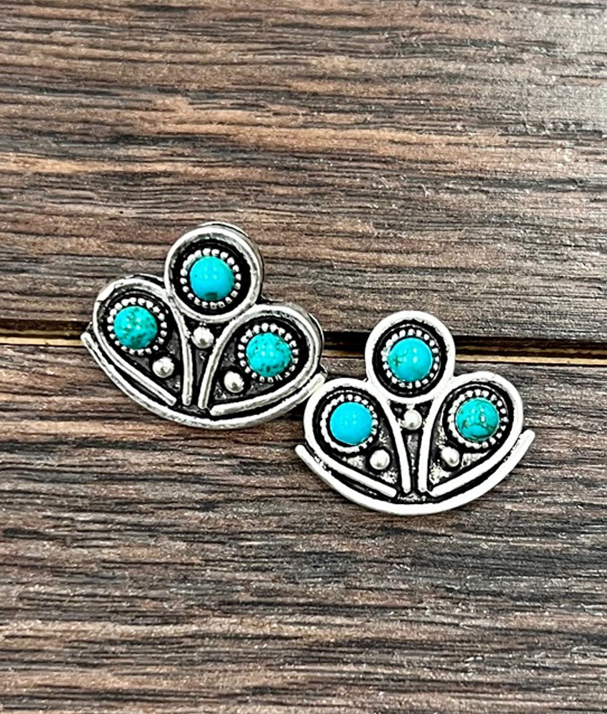 3 Stone Turquoise Stud Earrings