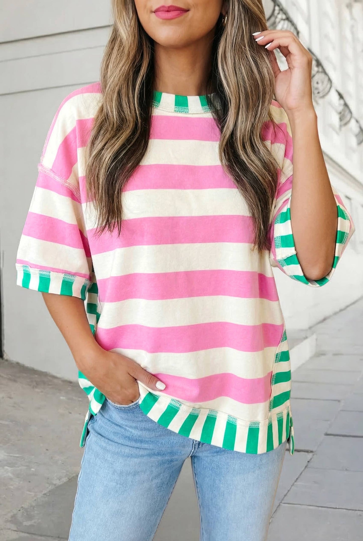 Stripe Contrast Trim Short Sleeve Top | S-XL